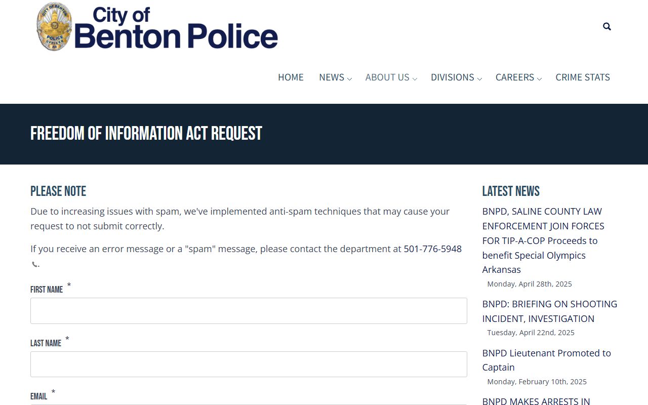Benton FOIA Request for Benton Criminal History records