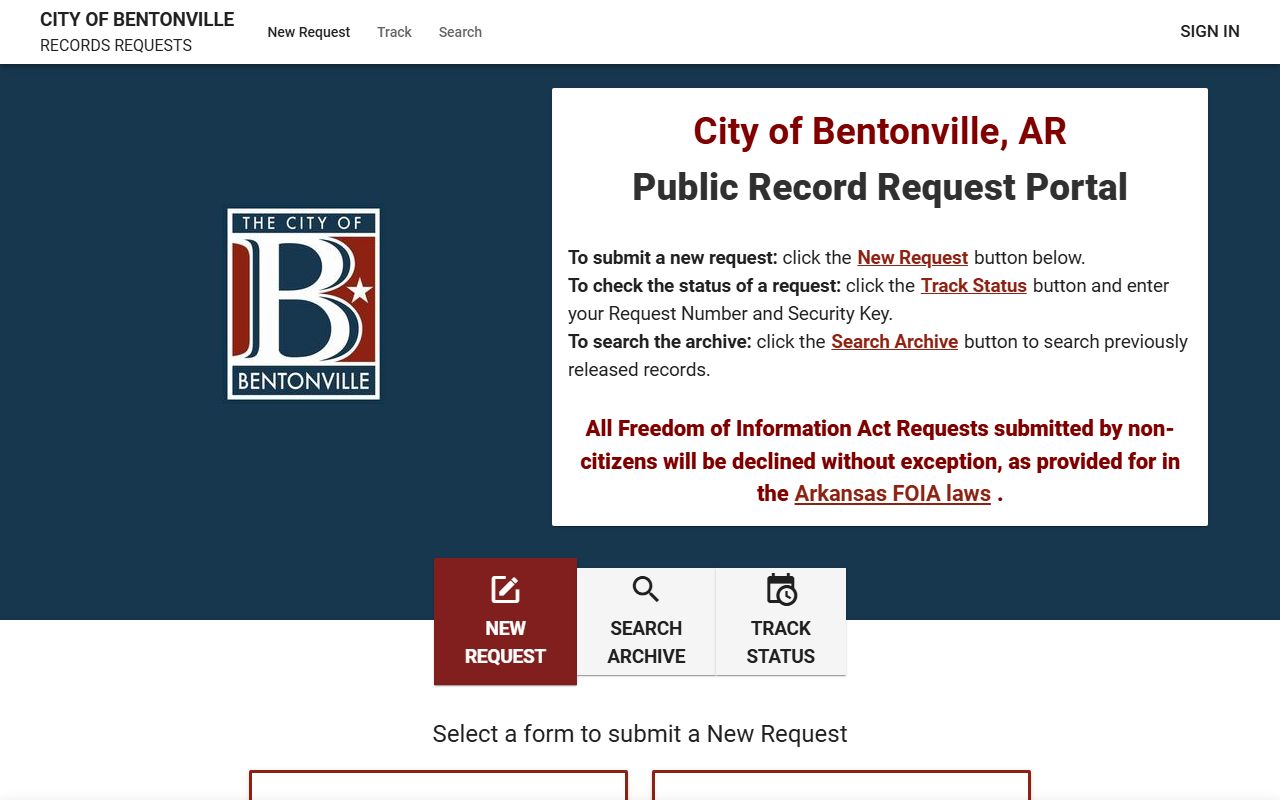 Bentonville FOIA portal for Bentonville Criminal History requests
