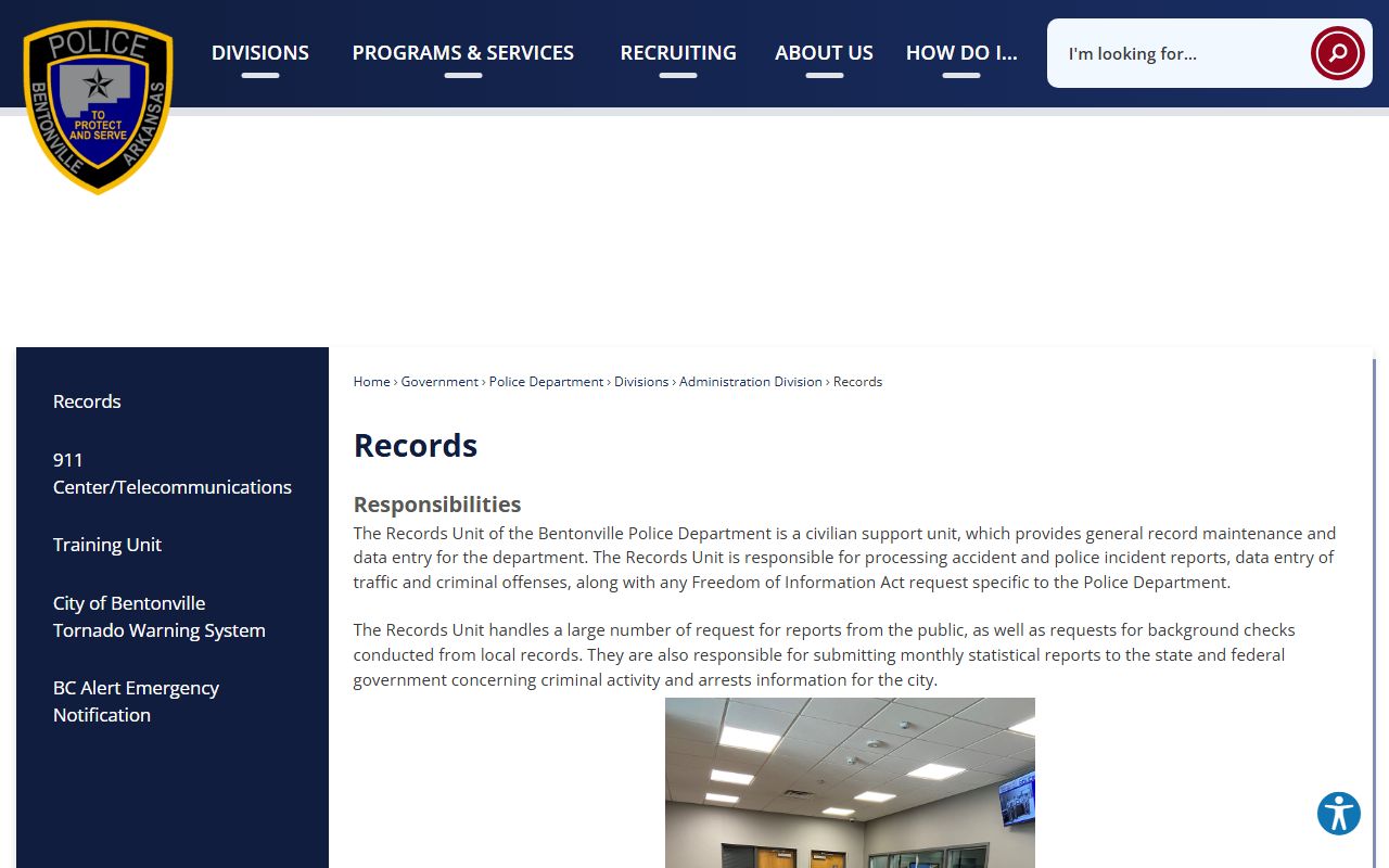 Bentonville Records Division for Bentonville Criminal History