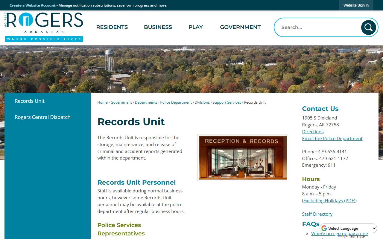 Rogers Police Records Unit for Rogers Criminal History