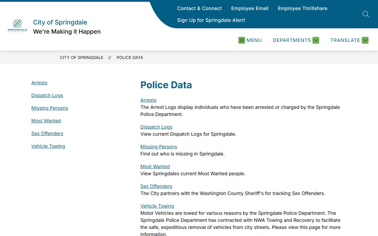 Springdale police data page for Springdale Criminal History