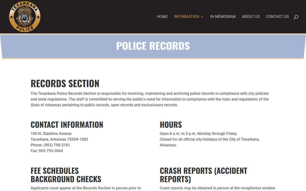Texarkana police records page for Texarkana Criminal History requests