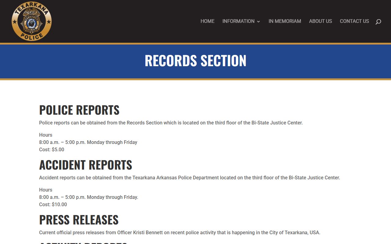 Texarkana police reports portal for Criminal History access