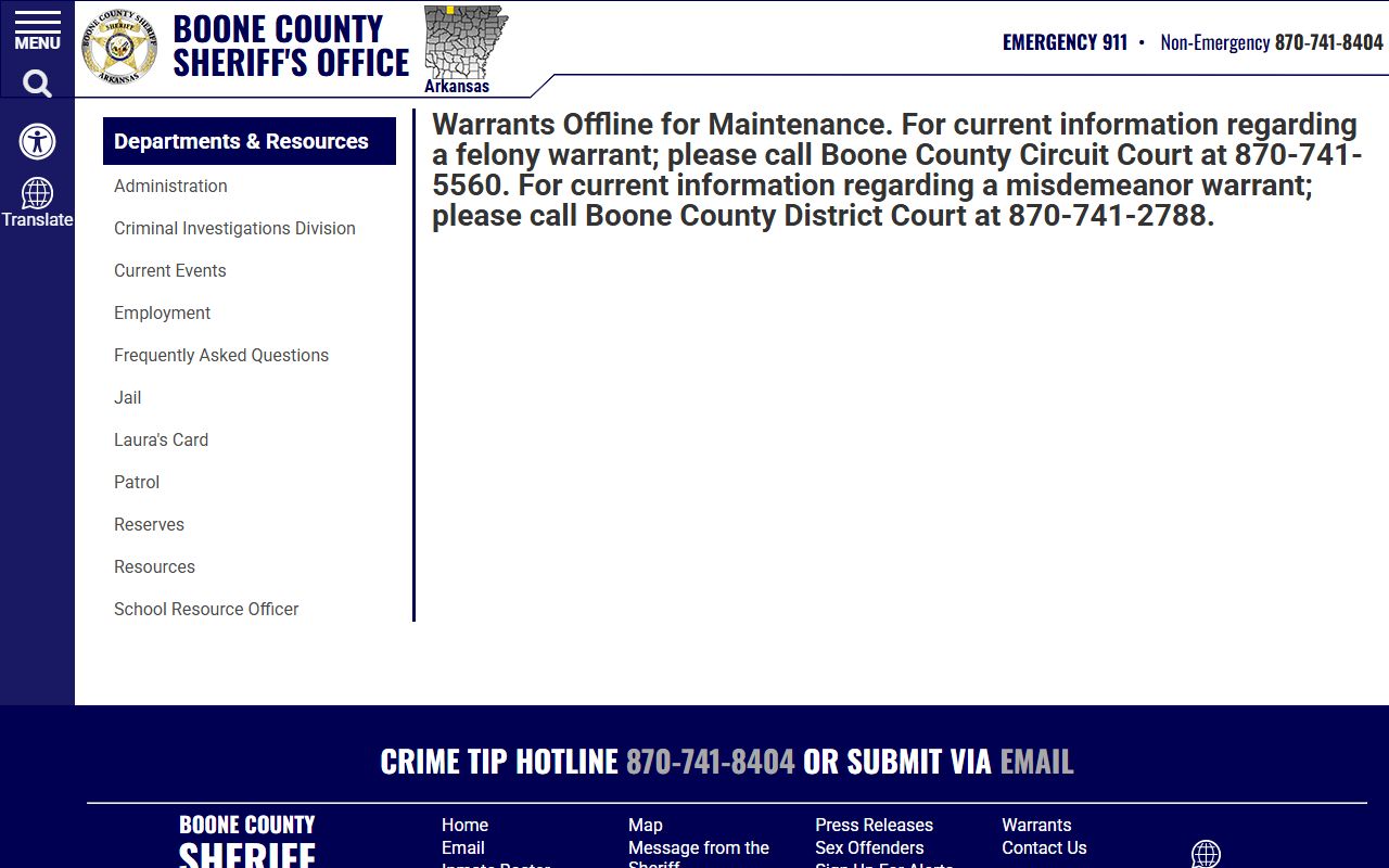 Boone County warrant search page for criminal history lookup