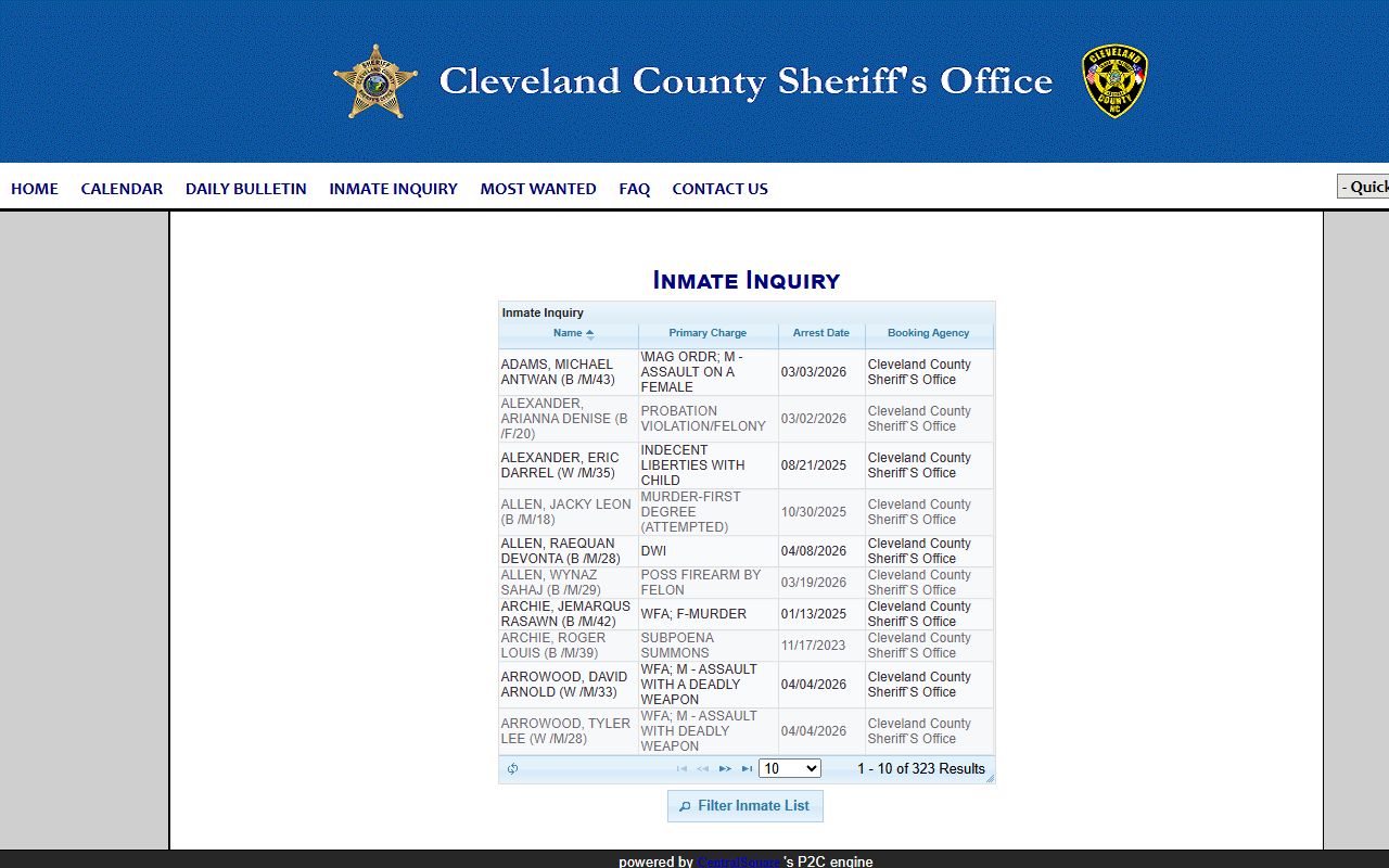 Cleveland County Criminal History P2C inmate portal