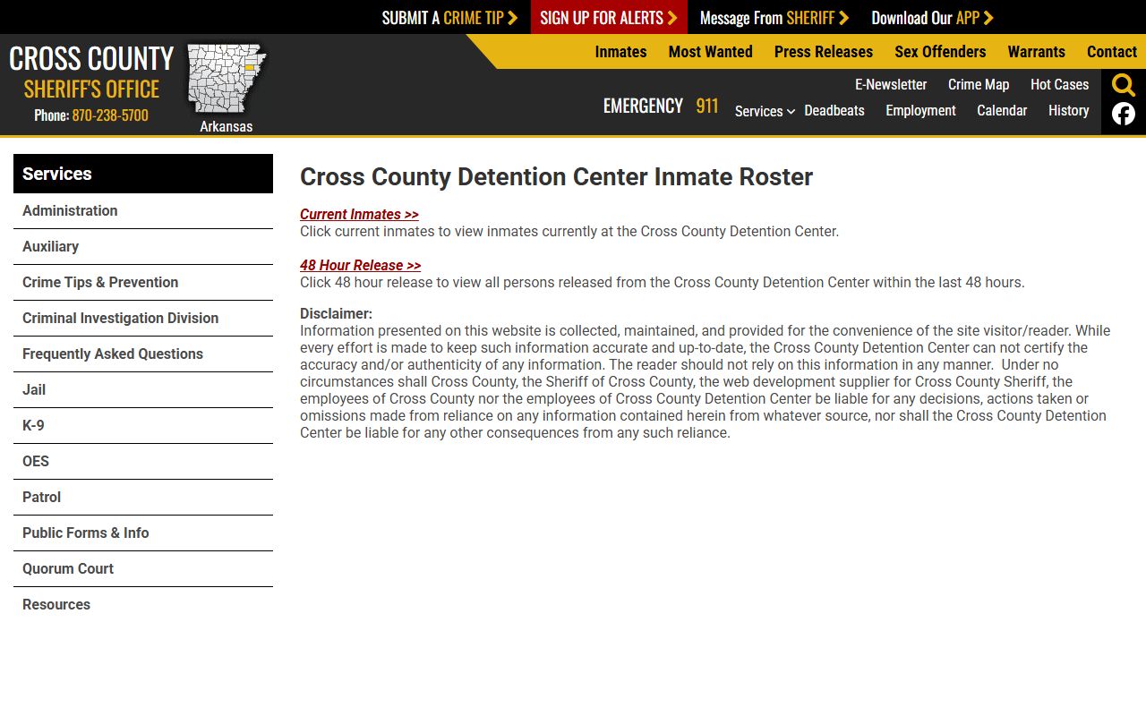 Cross County Criminal History inmate roster search