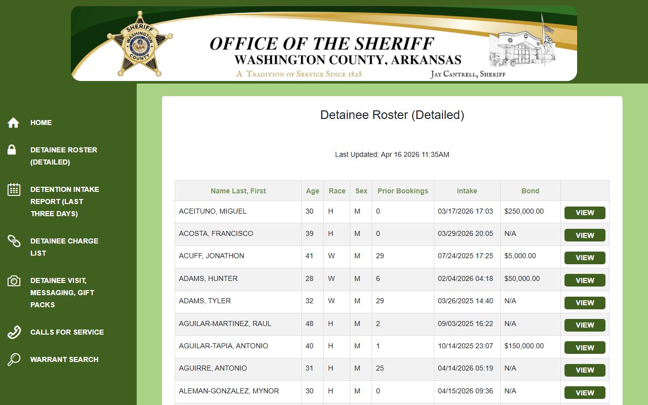 Washington County detainee roster for Criminal History search